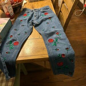 Zoe Karssen Blue Jeans with Red Rose Embroidery